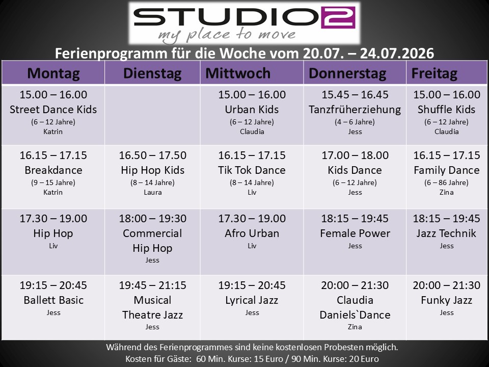 Sommerferienprogramm 2026 4 Sommerferien, Tanzschule, Sommerferienprogramm, 2026, Tanzkurse, Studio 2