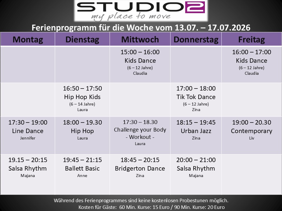 Sommerferienprogramm 2026 3 Tanzschule, Sommerferien, Sommerferienprogramm, 2026, Tanzkurse, Studio 2 - my place to move